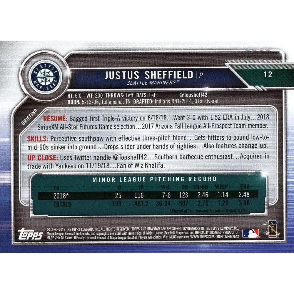 2019 Bowman Justus Sheffield RC #12 Seattle Mariners